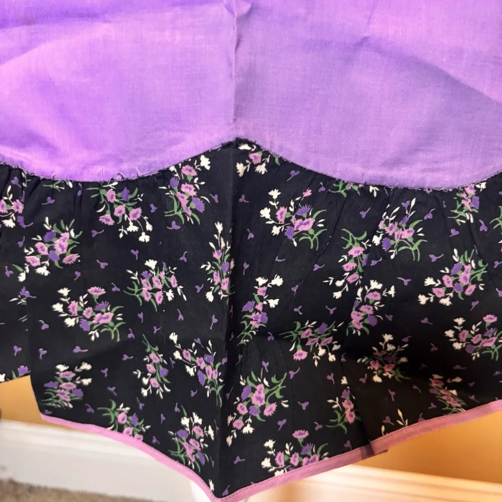 Vintage Handmade Purple Floral Ruffle Half Apron Black  Retro Cottagecore